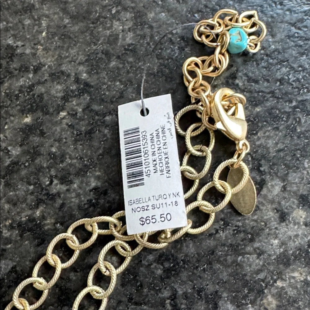 😊Chico's Turquoise Beaded Coin Drop Necklace with Gold Accents - Picture 6 of 7
